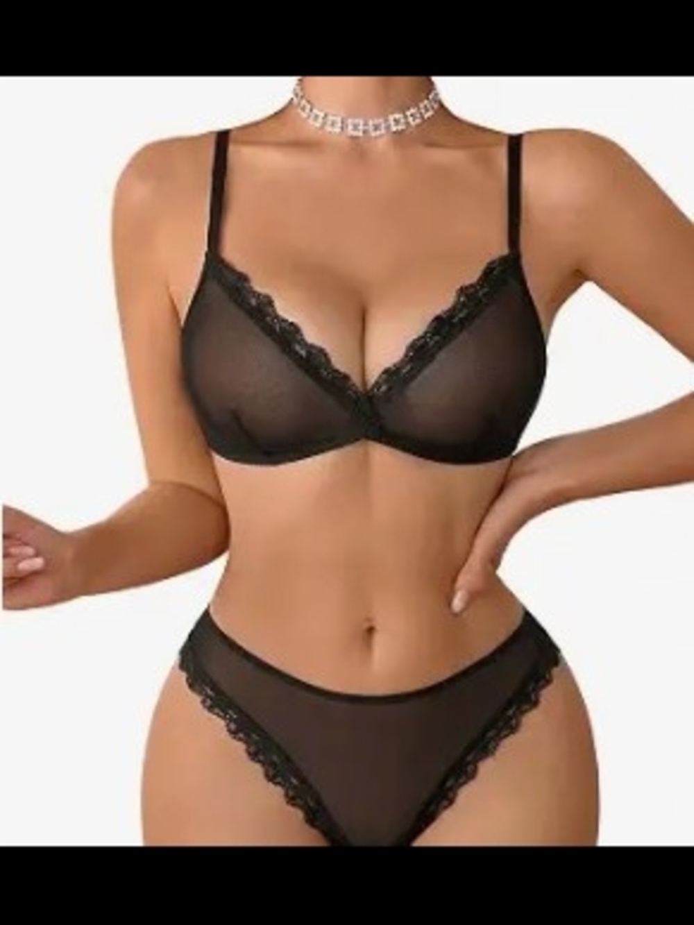 Sheer Lace Trim Black Bra and Brief Set